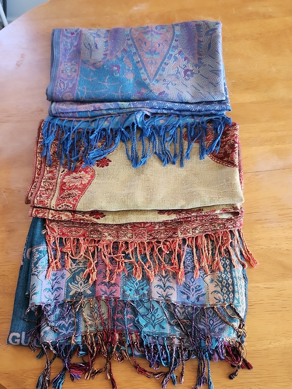 Bundle Of Three Pashmina Cashmere Silk Scarves With Tassles, Colourful